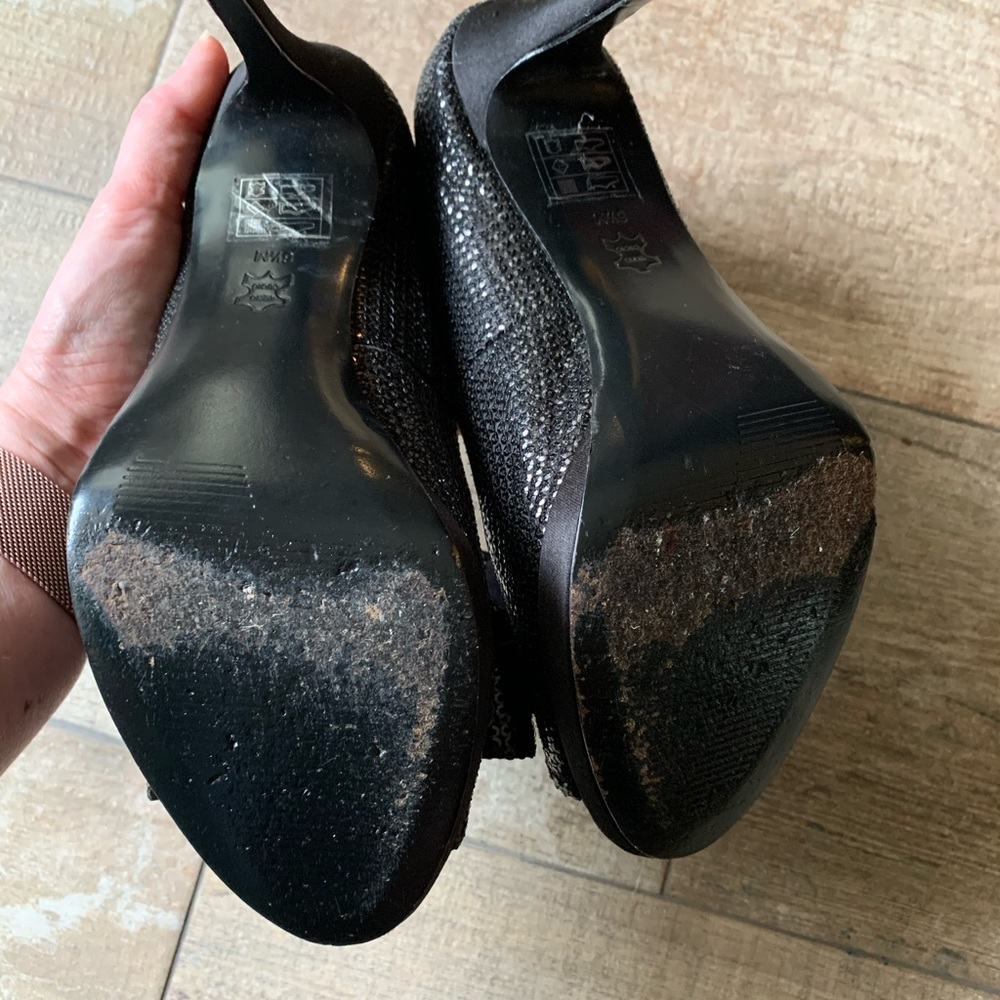 Moda Black Satin and Sequin Bow Peep Toe Heels - Picture 7 of 7